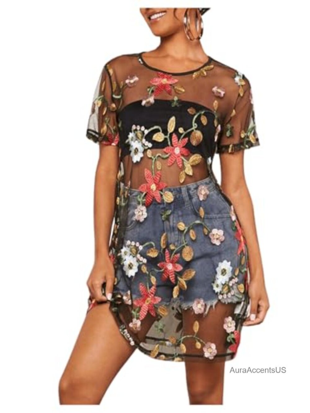 Women's Sheer Embroidered Floral Mesh Top Y2K Shirt